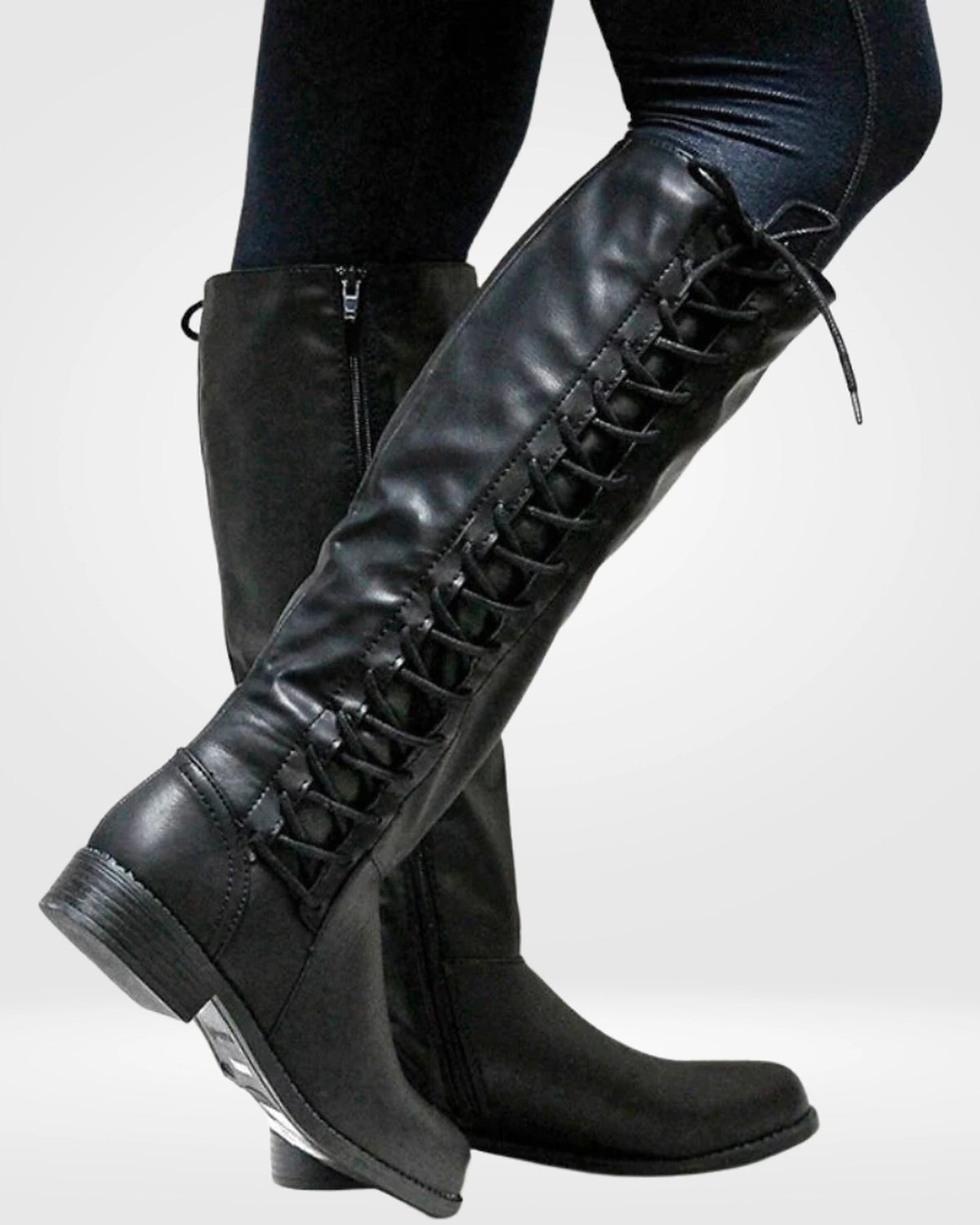 Women's Lace-Up Knee High Boots with Side Zip Fastening and Low Block Heel – Ella Grey
