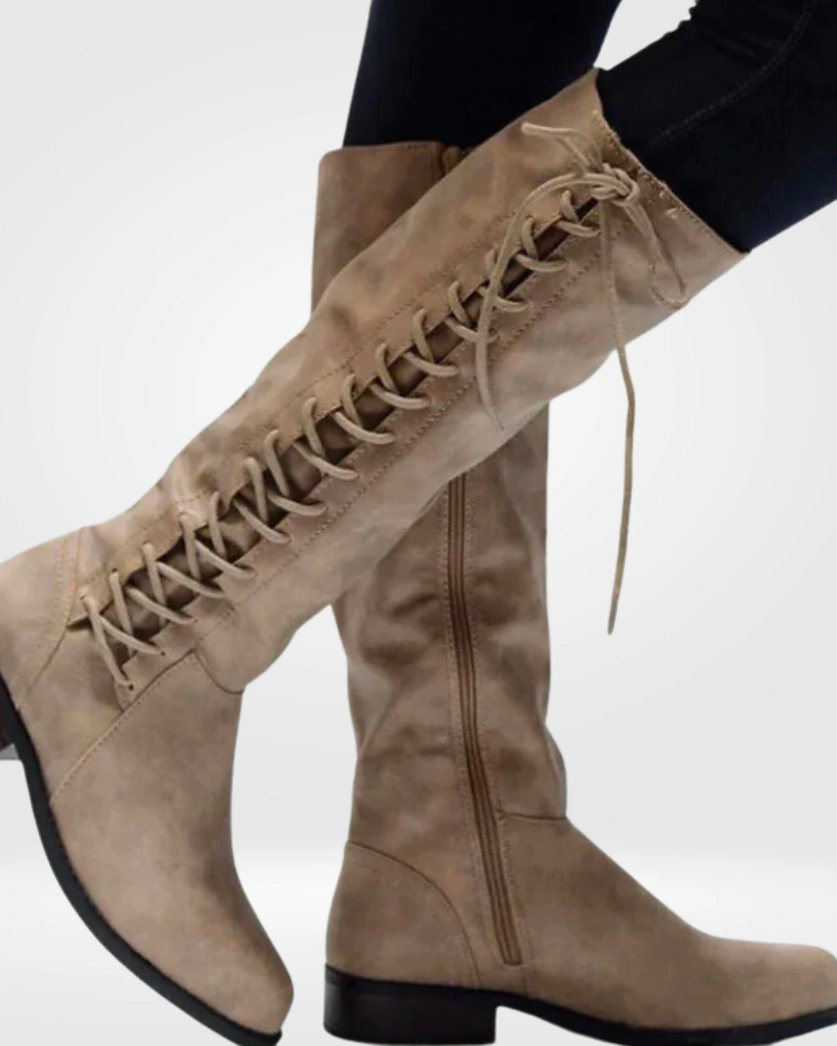 Women's Lace-Up Knee High Boots with Side Zip Fastening and Low Block Heel – Ella Grey