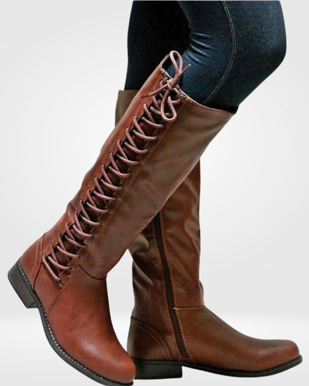 Women's Lace-Up Knee High Boots with Side Zip Fastening and Low Block Heel – Ella Grey