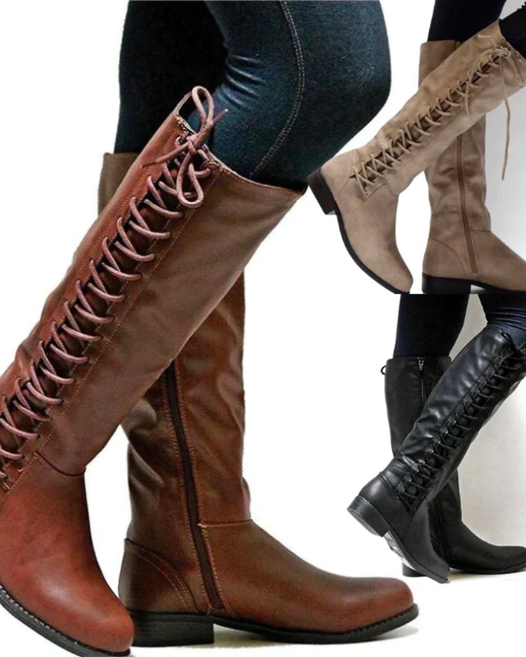 Women's Lace-Up Knee High Boots with Side Zip Fastening and Low Block Heel – Ella Grey