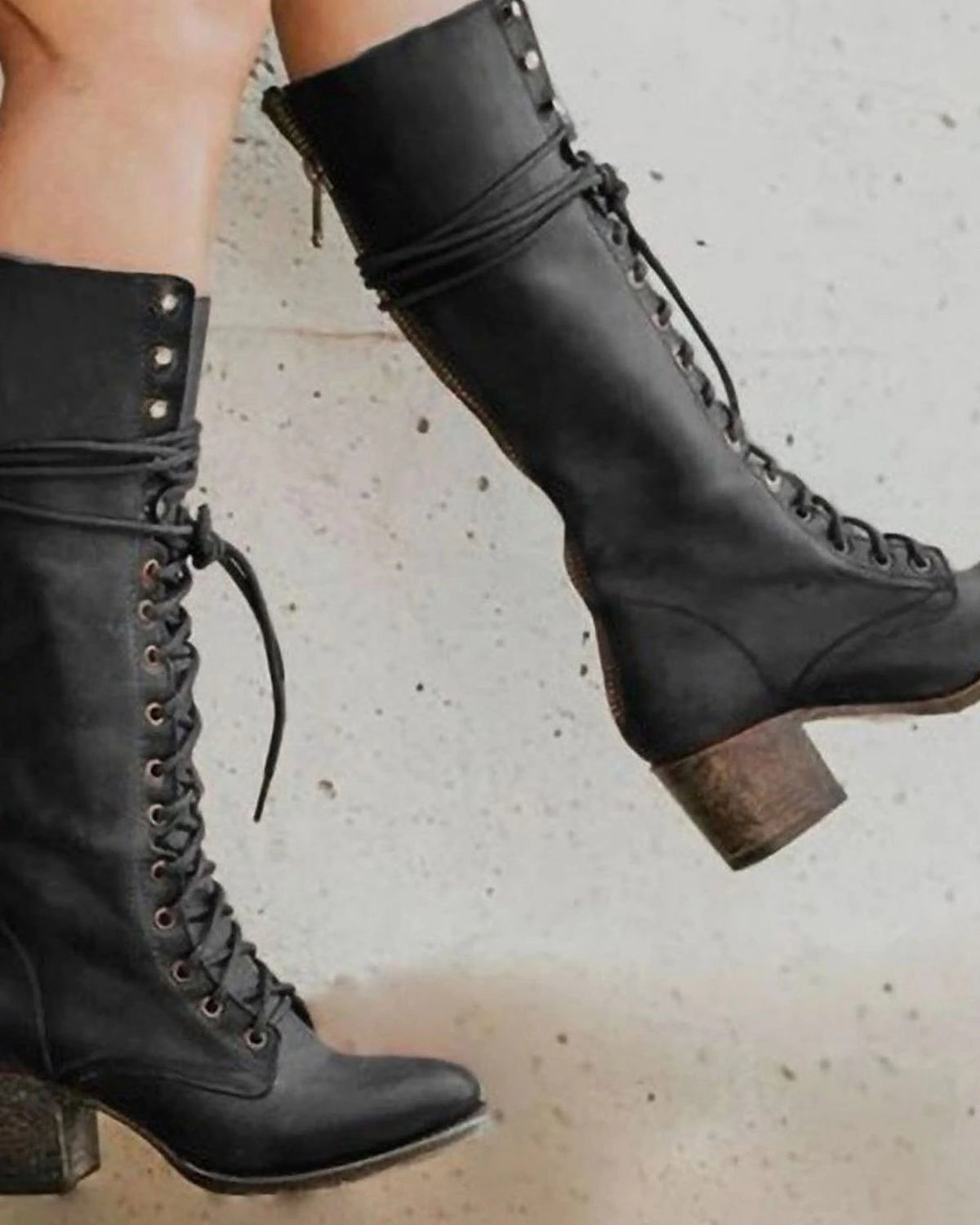 Women's Lace-Up Knee High Boots with Studded Collar and Stacked Block Heel – Kaia Belle