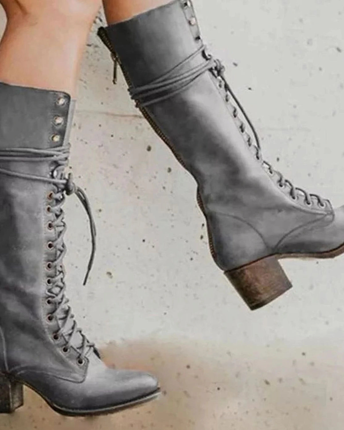 Women's Lace-Up Knee High Boots with Studded Collar and Stacked Block Heel – Kaia Belle