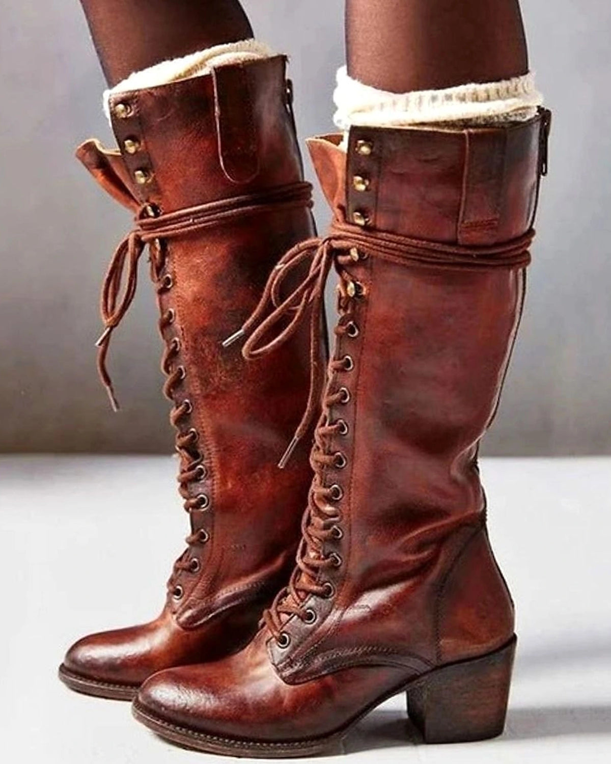 Women's Lace-Up Knee High Boots with Studded Collar and Stacked Block Heel – Kaia Belle