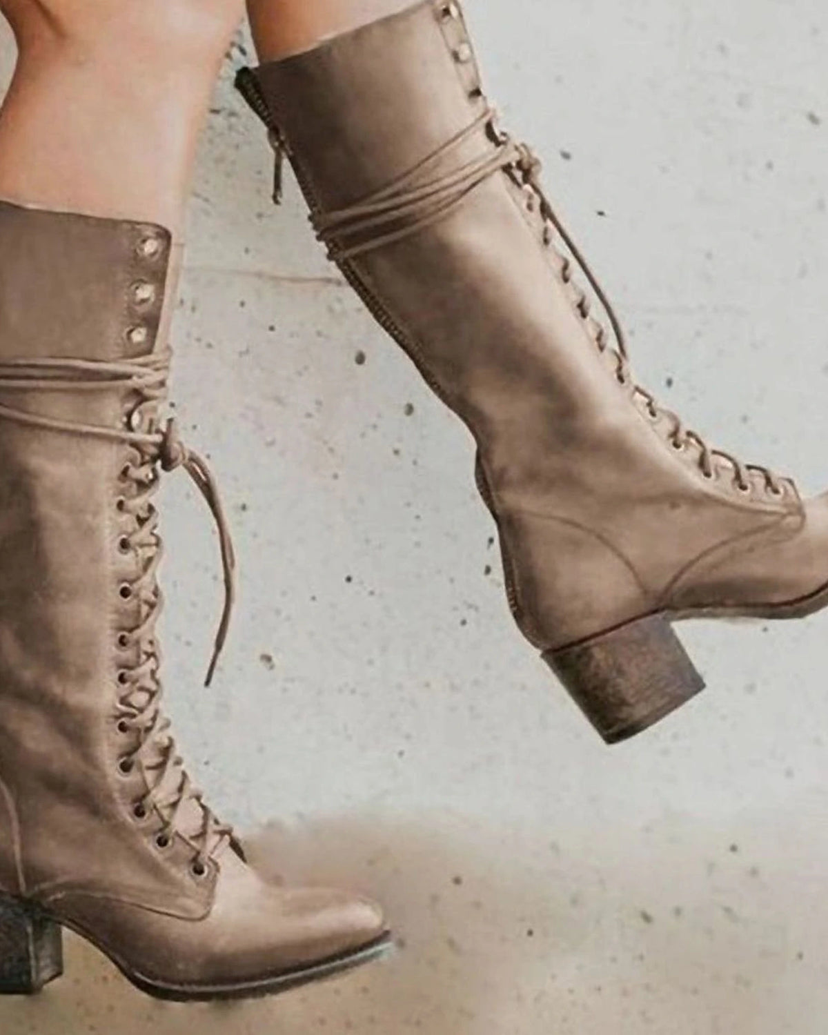 Women's Lace-Up Knee High Boots with Studded Collar and Stacked Block Heel – Kaia Belle