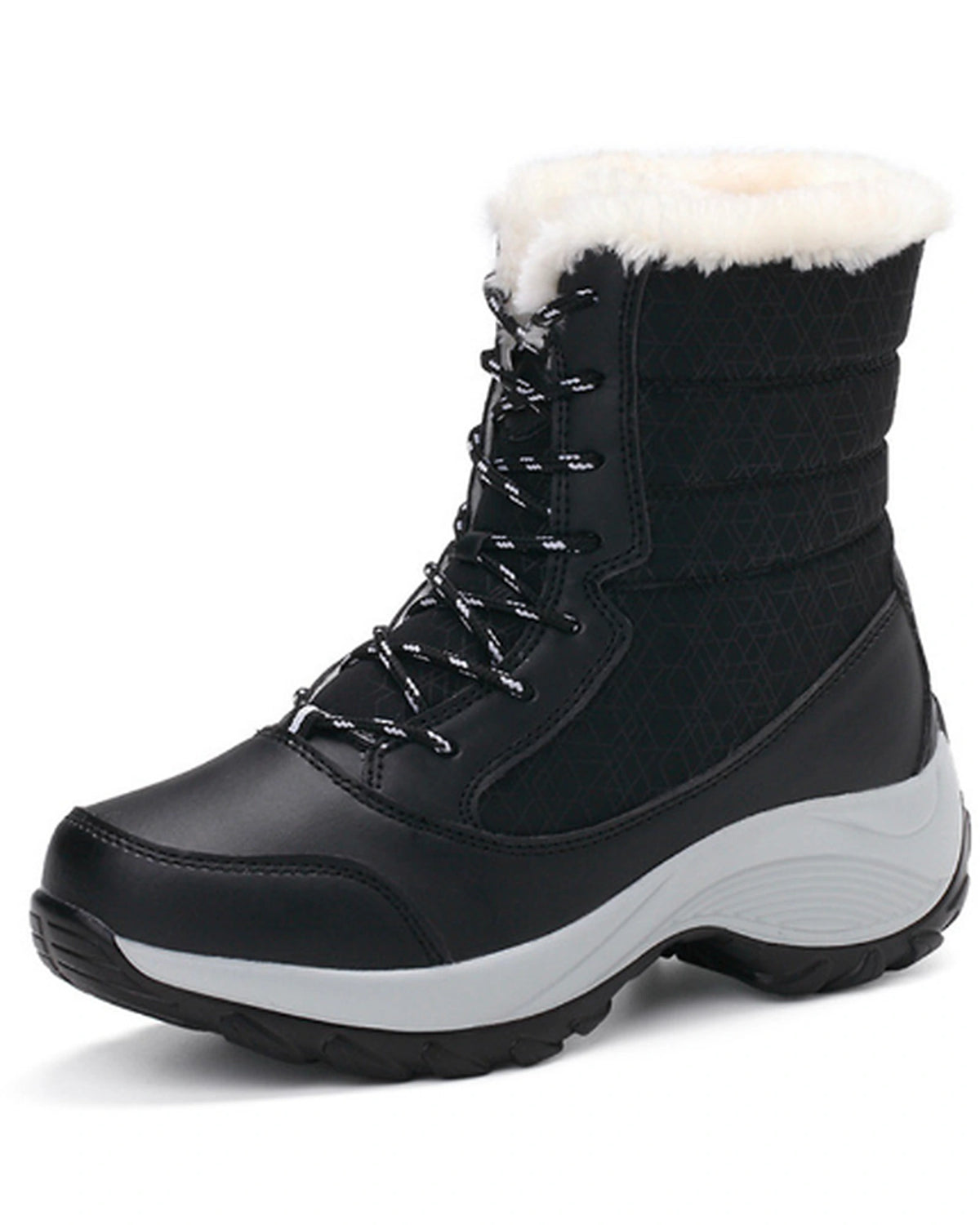 Women's Lace-Up Mid-Calf Snow Boots with Faux Fur Collar and Chunky Grip Sole – Jessa Grey