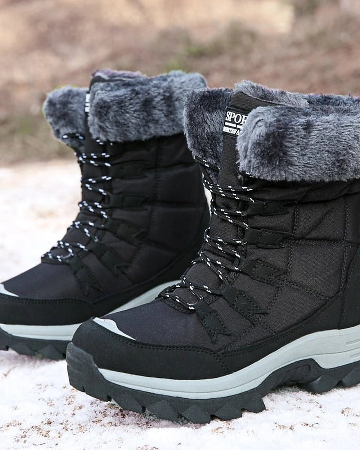 Women's Lace-Up Mid-Calf Snow Boots with Faux Fur Collar and Chunky Grip Sole – Jessa Grey