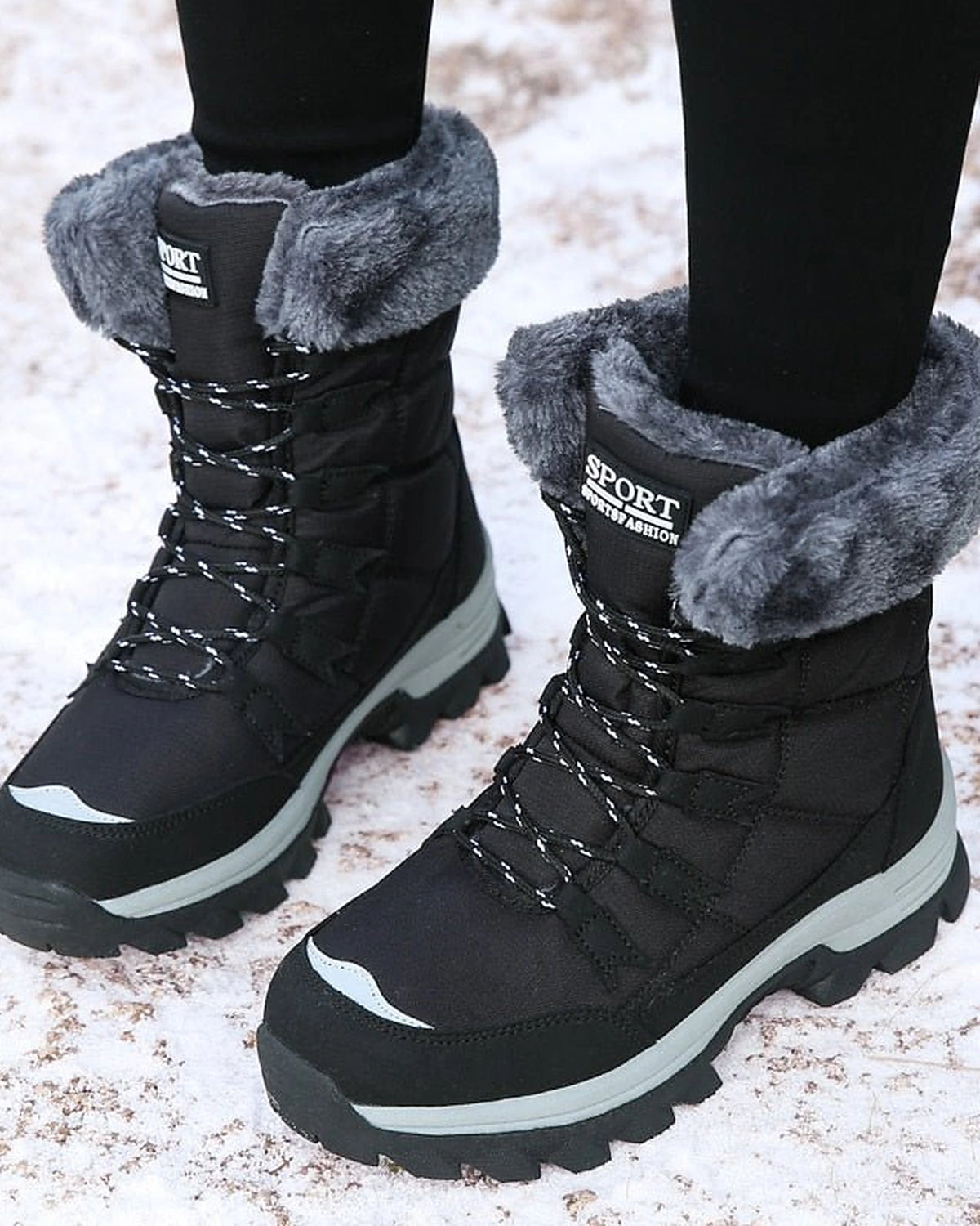 Women's Lace-Up Mid-Calf Snow Boots with Faux Fur Collar and Chunky Grip Sole – Jessa Grey