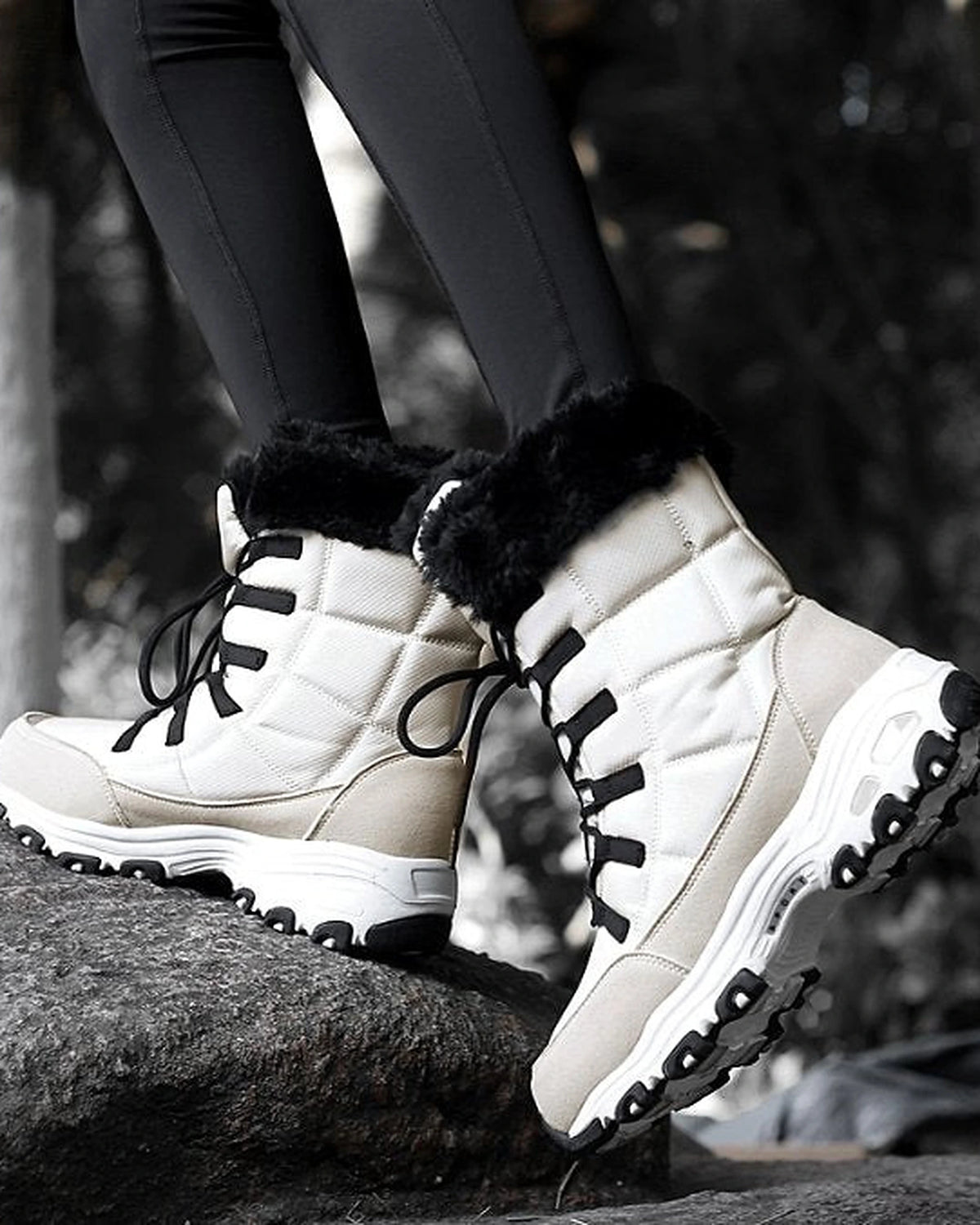 Women's Lace-Up Mid-Calf Snow Boots with Faux Fur Collar and Chunky Grip Sole – Jessa Grey