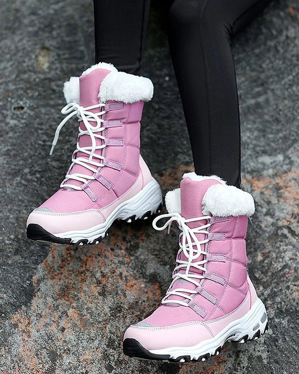 Women's Lace-Up Mid-Calf Snow Boots with Faux Fur Collar and Chunky Grip Sole – Jessa Grey