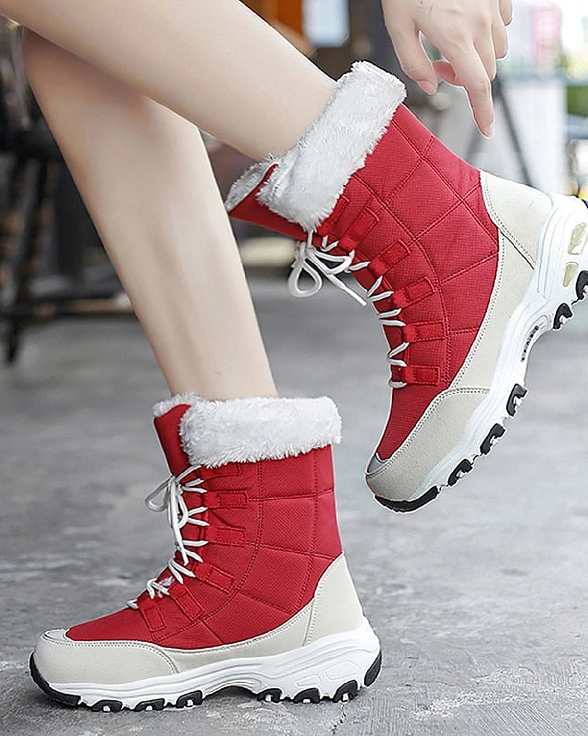 Women's Lace-Up Mid-Calf Snow Boots with Faux Fur Collar and Chunky Grip Sole – Jessa Grey
