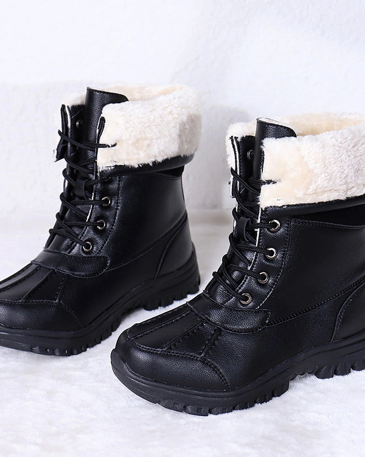 Women's Lace-Up Mid-Calf Snow Boots with Faux Fur Cuff and Duck Toe – Maya Grey