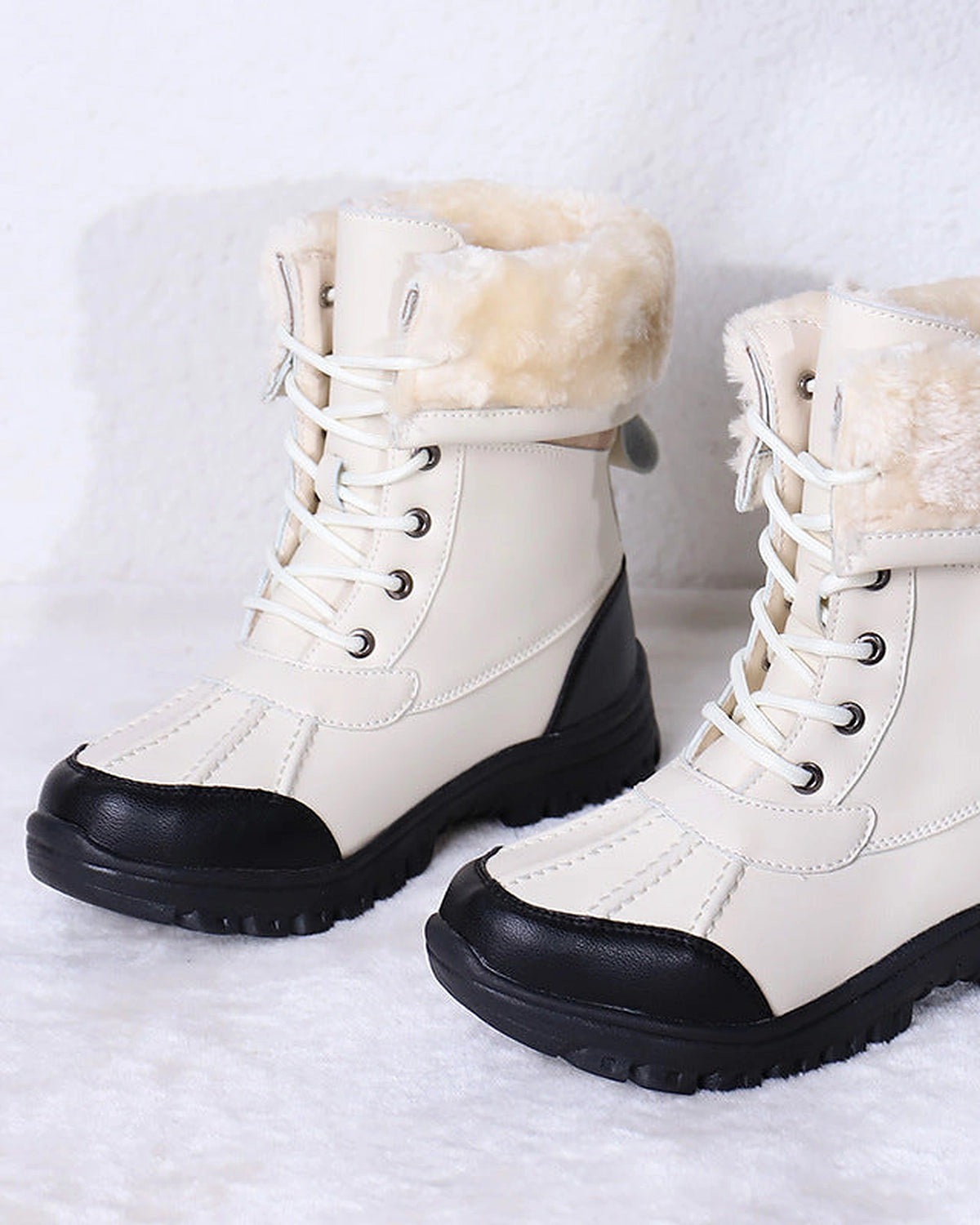 Women's Lace-Up Mid-Calf Snow Boots with Faux Fur Cuff and Duck Toe – Maya Grey