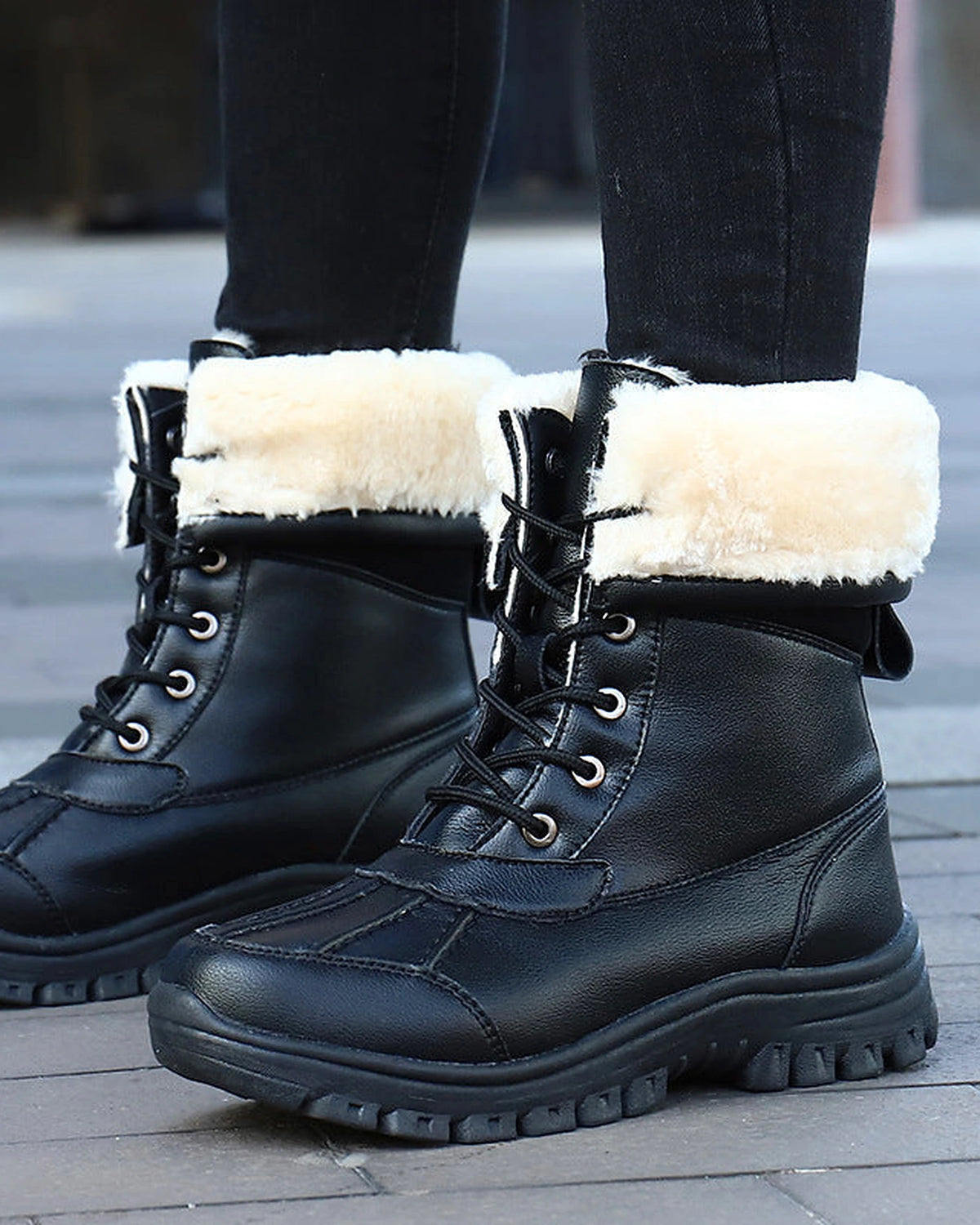 Women's Lace-Up Mid-Calf Snow Boots with Faux Fur Cuff and Duck Toe – Maya Grey