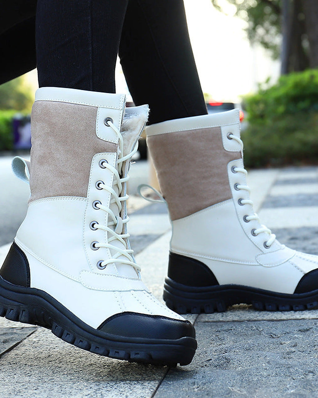 Women's Lace-Up Mid-Calf Snow Boots with Faux Fur Cuff and Duck Toe – Maya Grey