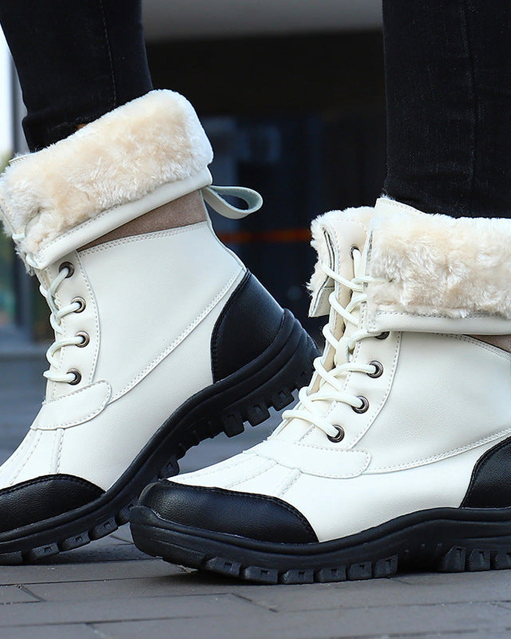 Women's Lace-Up Mid-Calf Snow Boots with Faux Fur Cuff and Duck Toe – Maya Grey