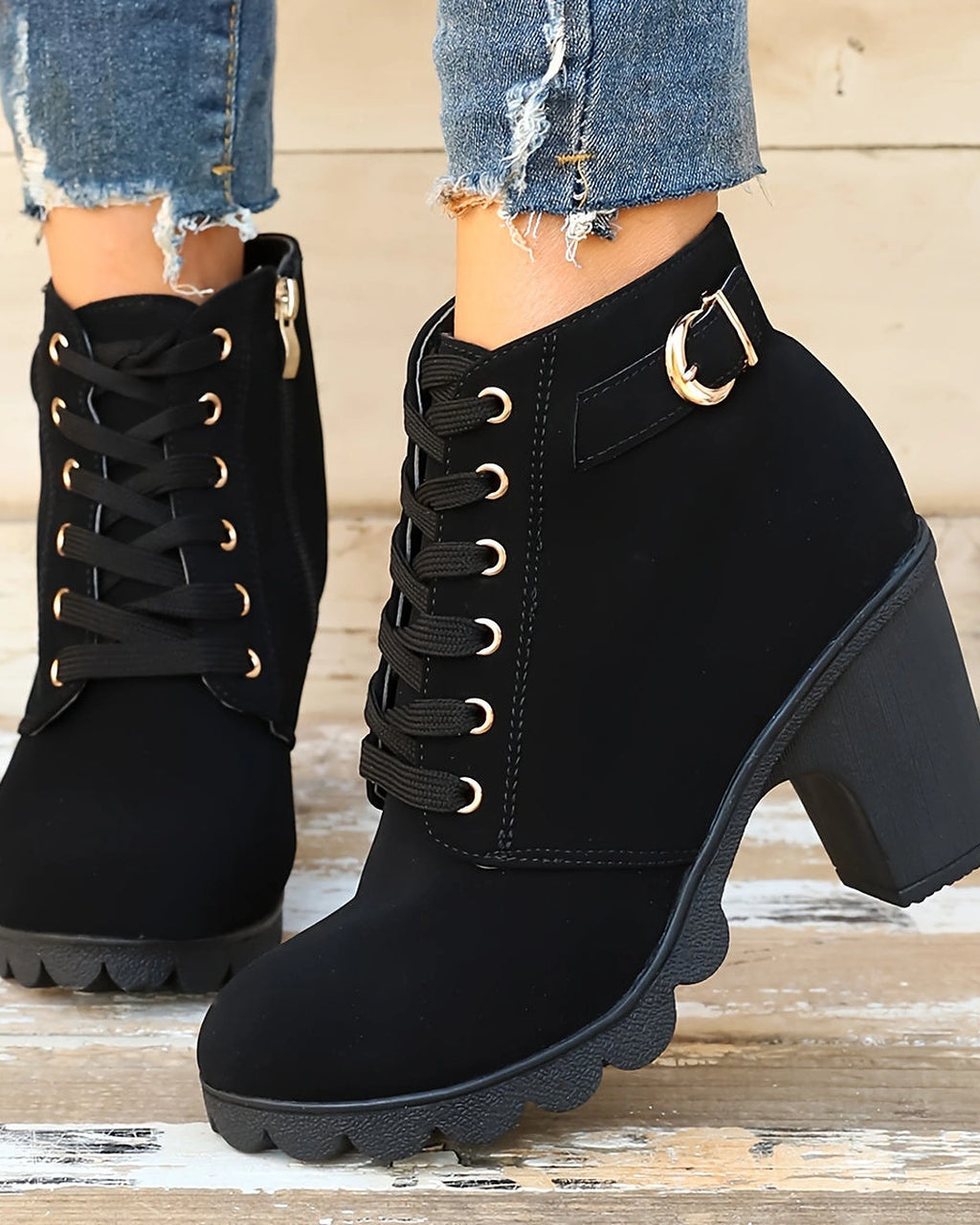 Women's Lace-Up Platform Ankle Boots with Buckle Strap Detail – Maya Rose