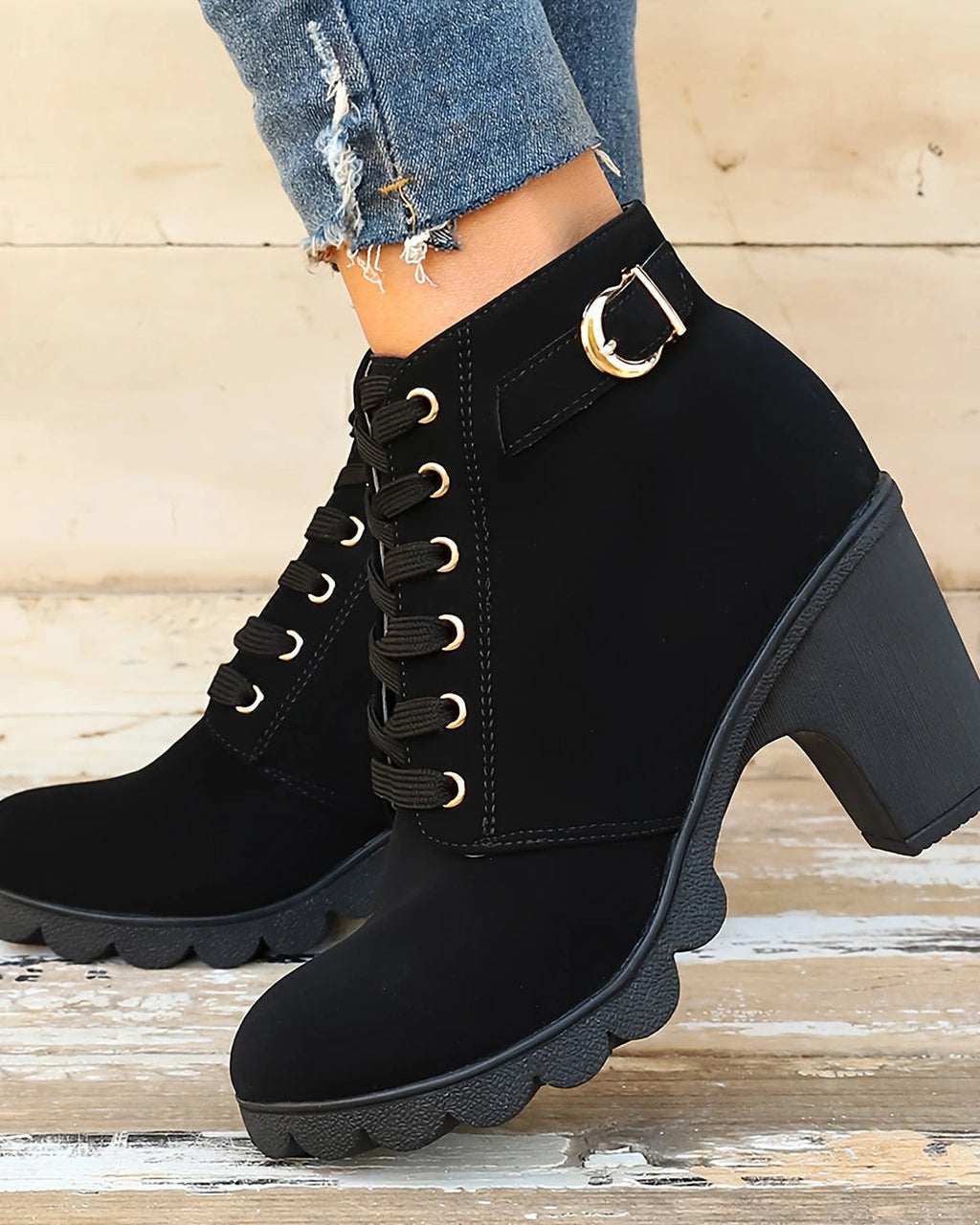 Women's Lace-Up Platform Ankle Boots with Buckle Strap Detail – Maya Rose