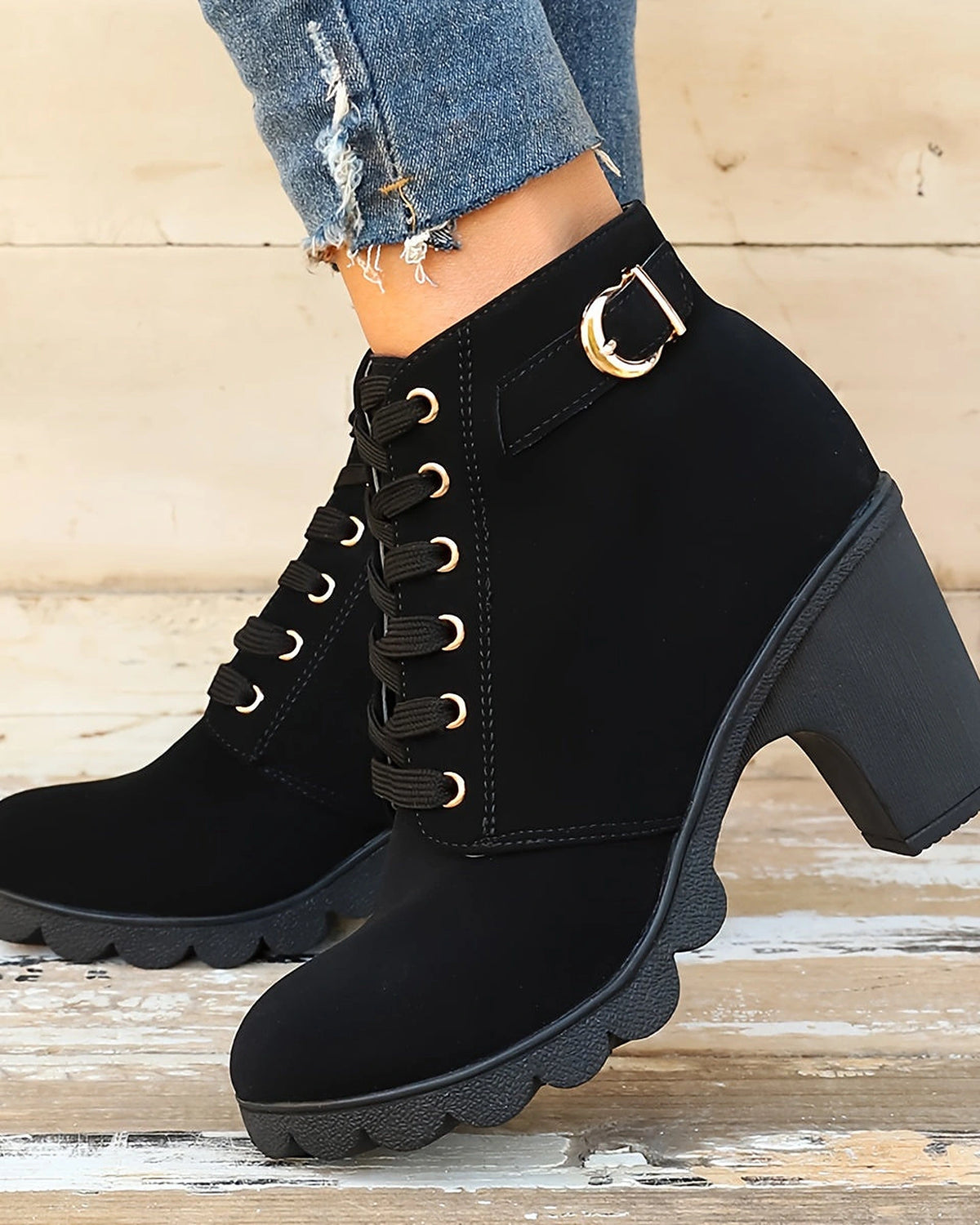 Women's Lace-Up Platform Ankle Boots with Buckle Strap Detail – Maya Rose