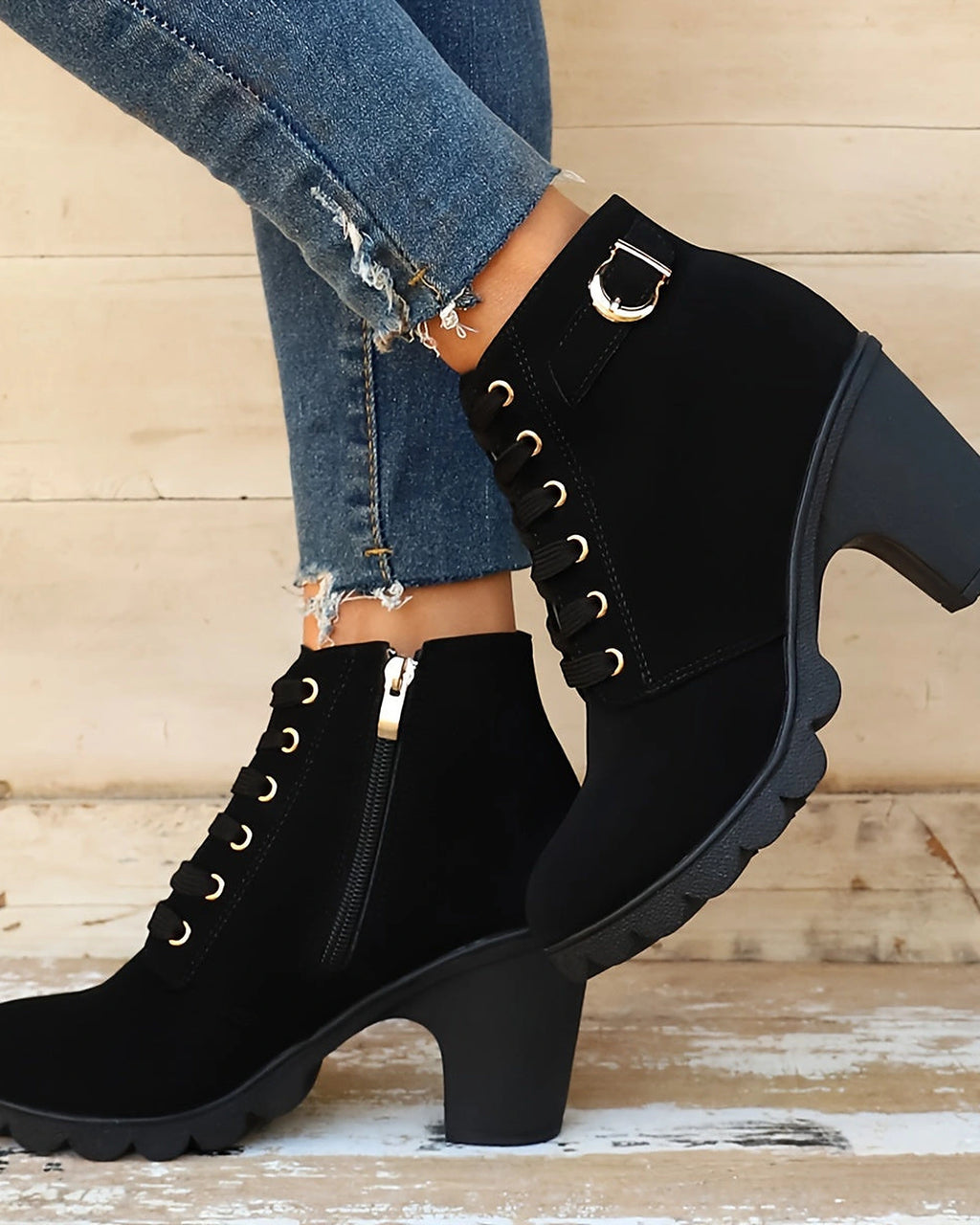 Women's Lace-Up Platform Ankle Boots with Buckle Strap Detail – Maya Rose