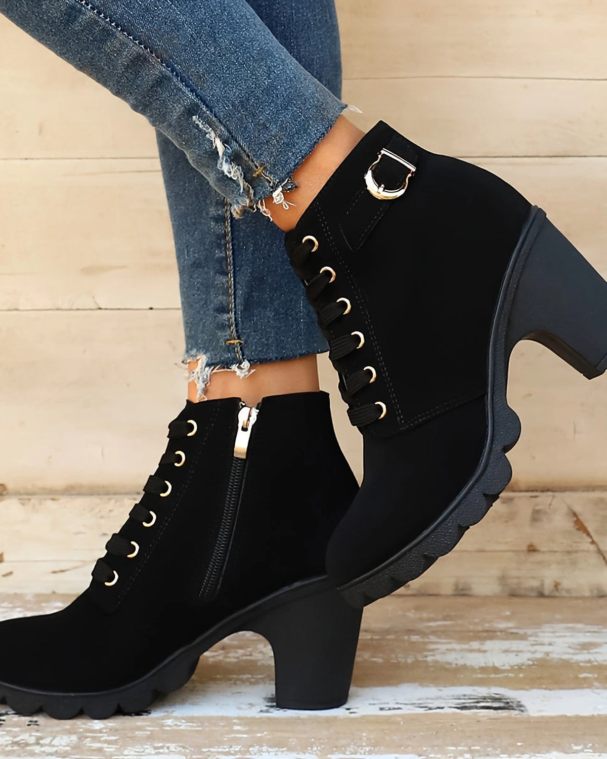 Women's Lace-Up Platform Ankle Boots with Buckle Strap Detail – Maya Rose