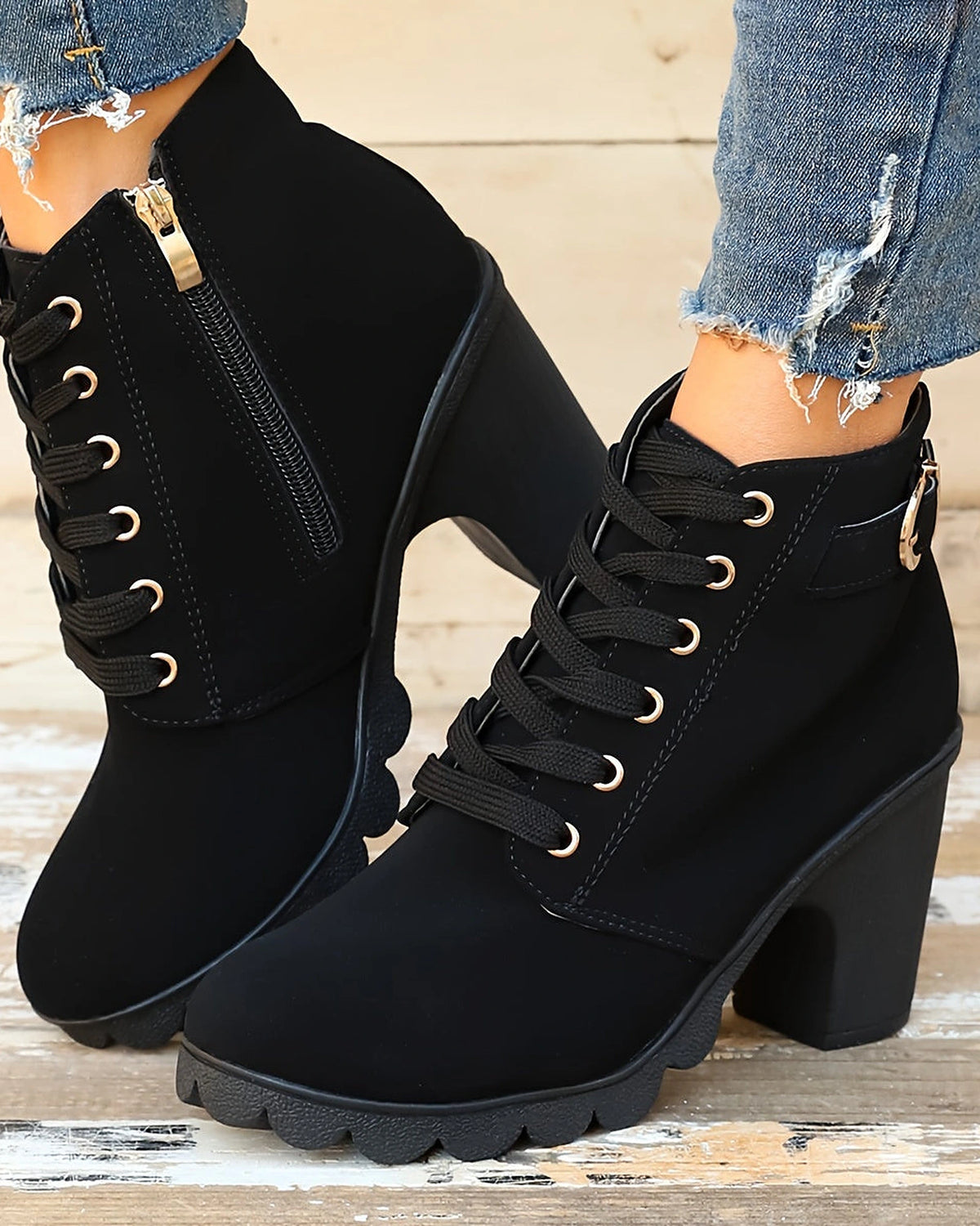 Women's Lace-Up Platform Ankle Boots with Buckle Strap Detail – Maya Rose