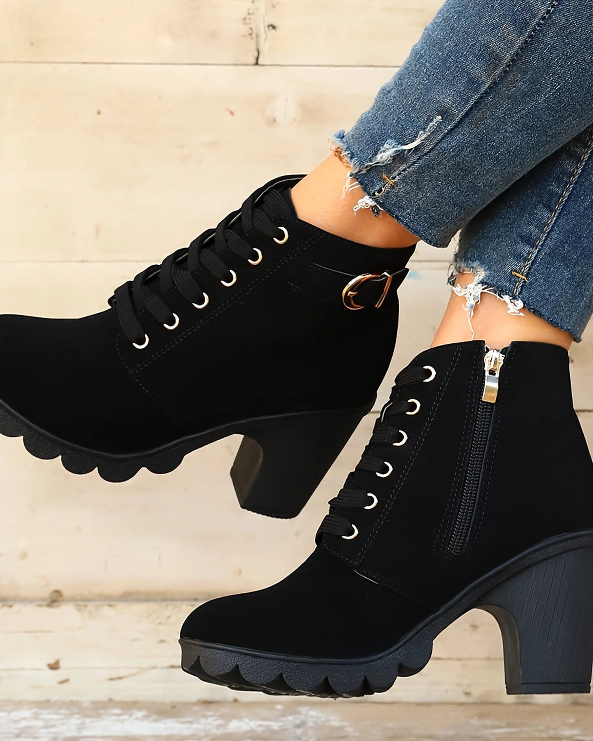 Women's Lace-Up Platform Ankle Boots with Buckle Strap Detail – Maya Rose