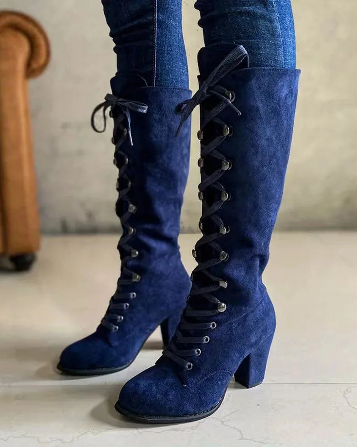 Women's Lace-Up Suede Knee-High Boots with Block Heel – Darcy Belle