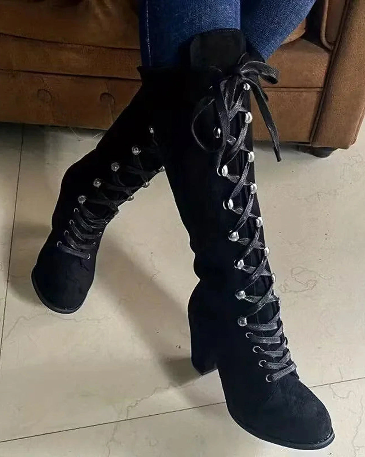 Women's Lace-Up Suede Knee-High Boots with Block Heel – Darcy Belle