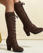 Women's Lace-Up Suede Knee-High Boots with Block Heel – Darcy Belle