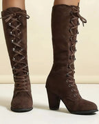 Women's Lace-Up Suede Knee-High Boots with Block Heel – Darcy Belle