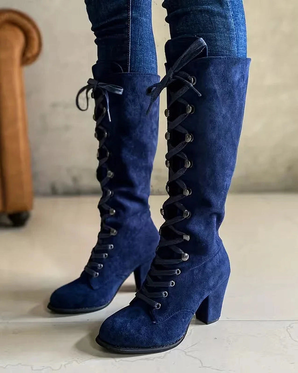 Women's Lace-Up Suede Knee-High Boots with Block Heel – Darcy Belle