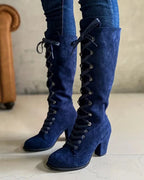 Women's Lace-Up Suede Knee-High Boots with Block Heel – Darcy Belle