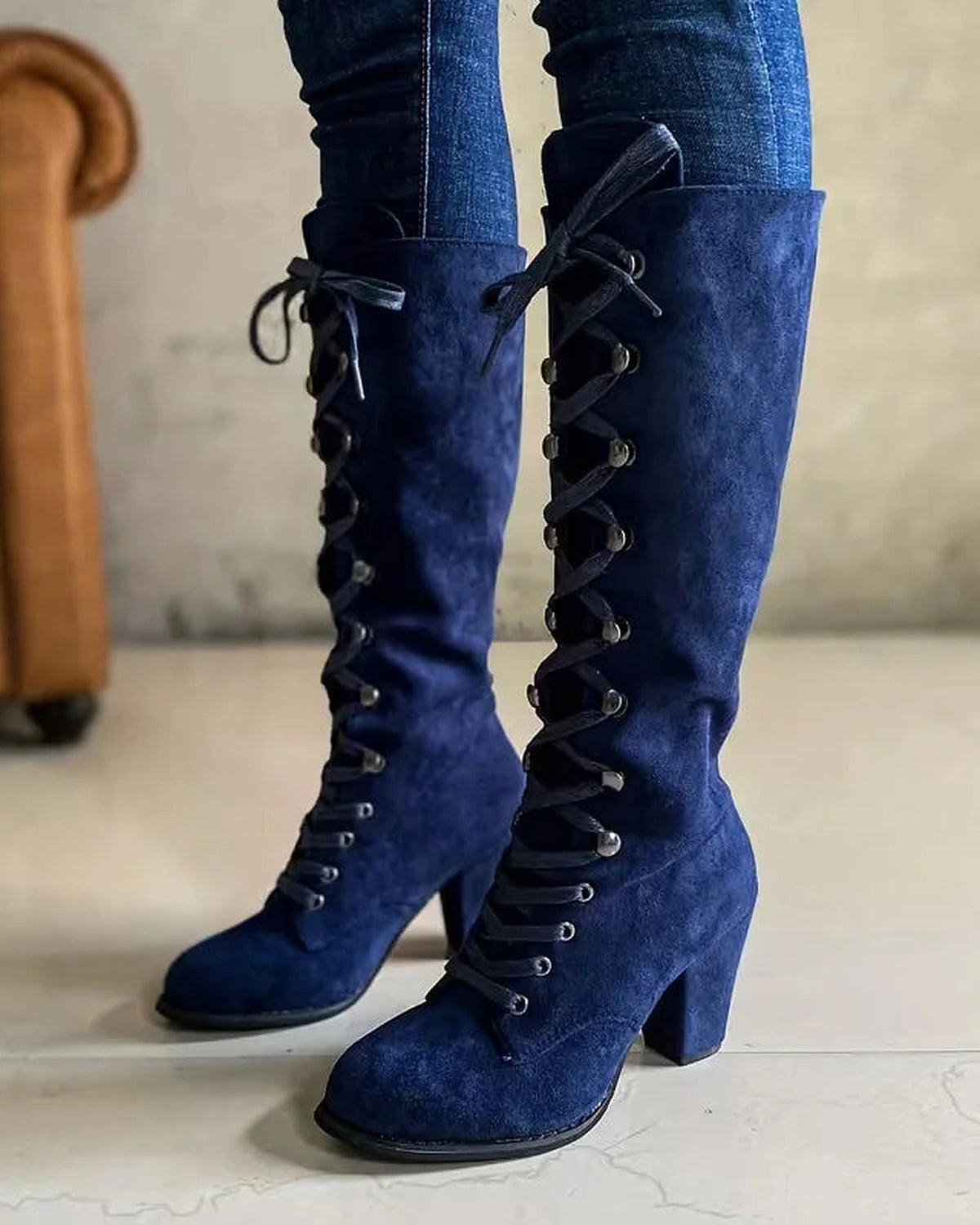 Women's Lace-Up Suede Knee-High Boots with Block Heel – Darcy Belle