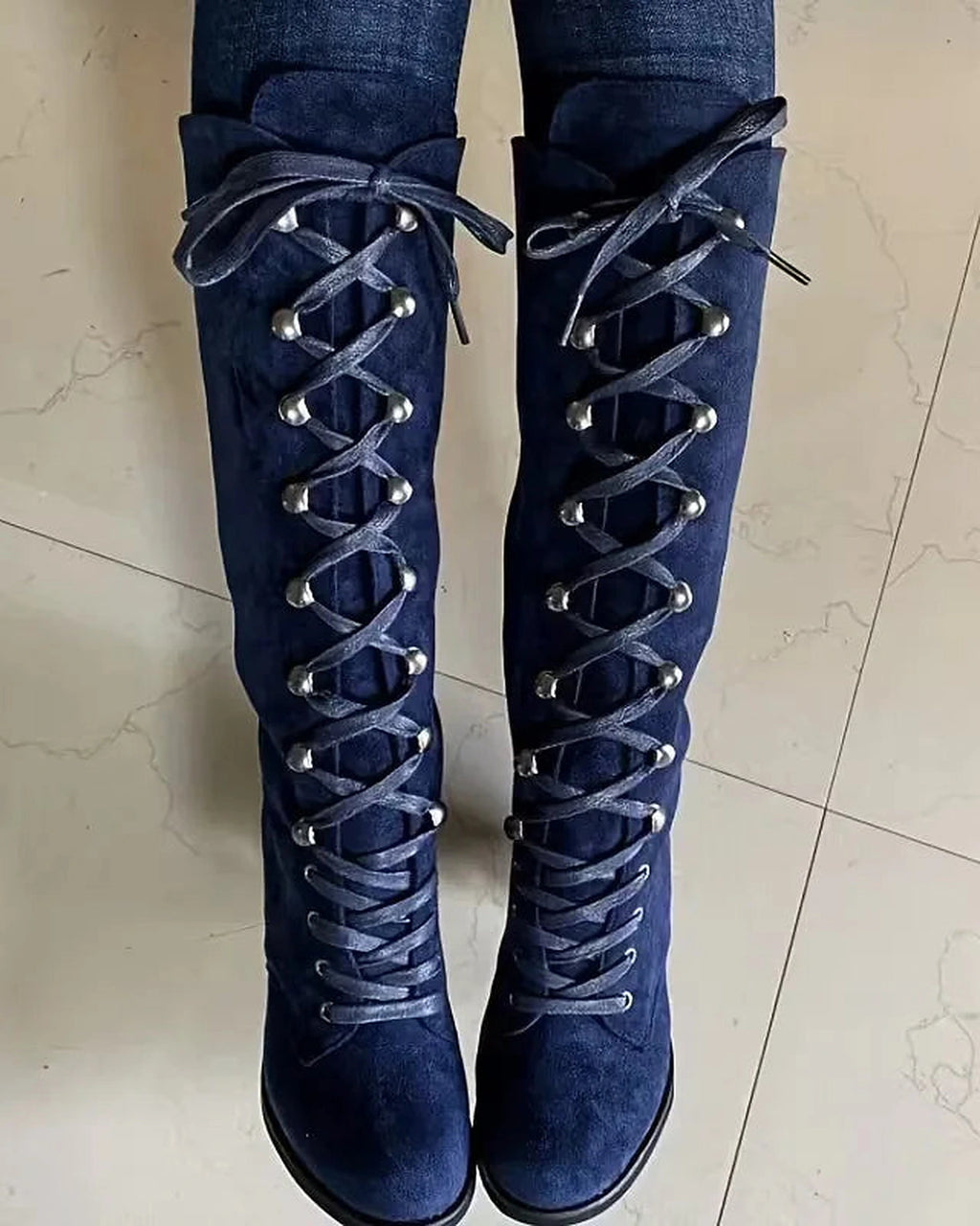 Women's Lace-Up Suede Knee-High Boots with Block Heel – Darcy Belle