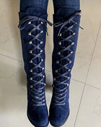 Women's Lace-Up Suede Knee-High Boots with Block Heel – Darcy Belle