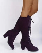 Women's Lace-Up Suede Knee-High Boots with Block Heel – Darcy Belle