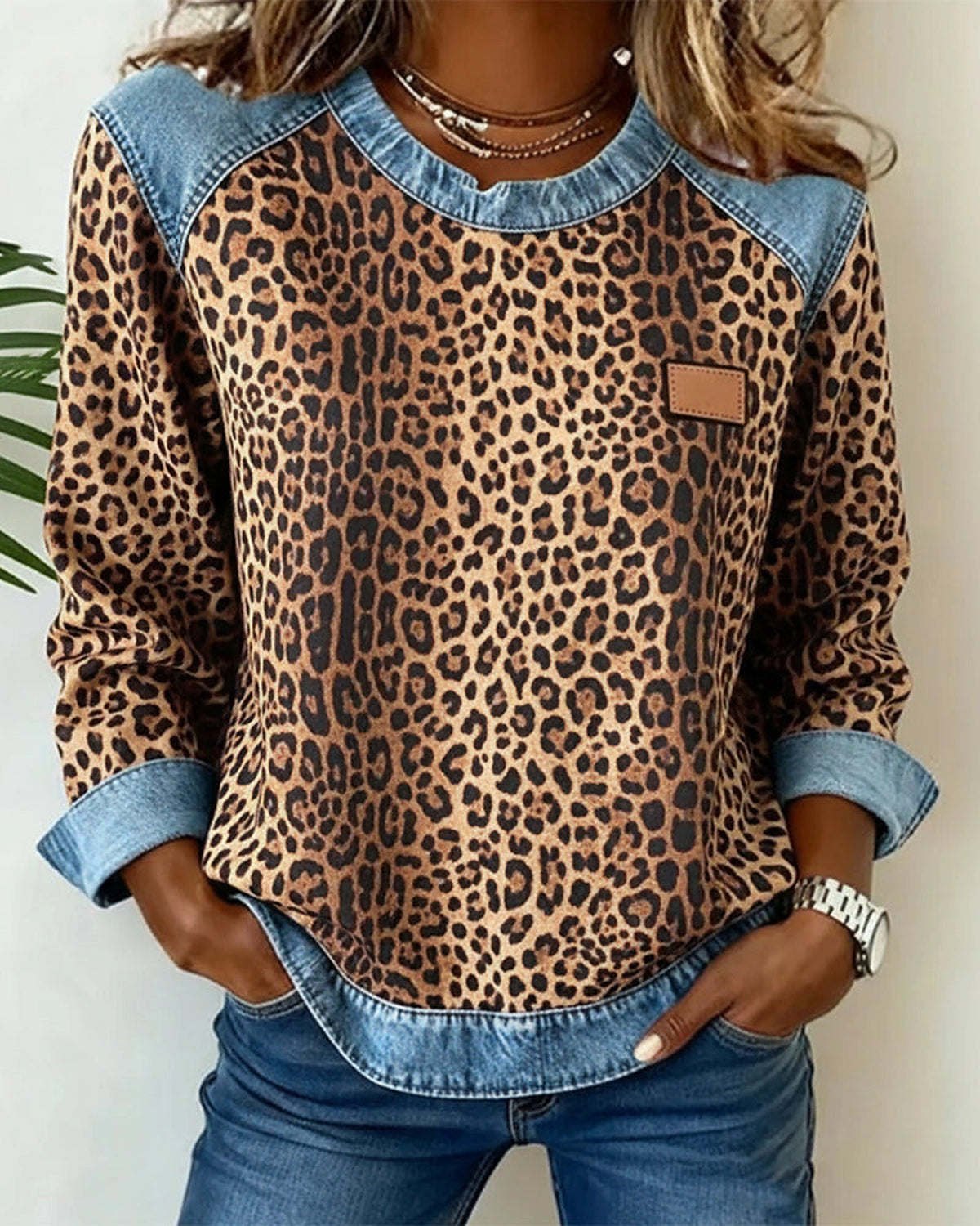 Women's Leopard Print Sweatshirt with Denim Contrast Panels – Valerie