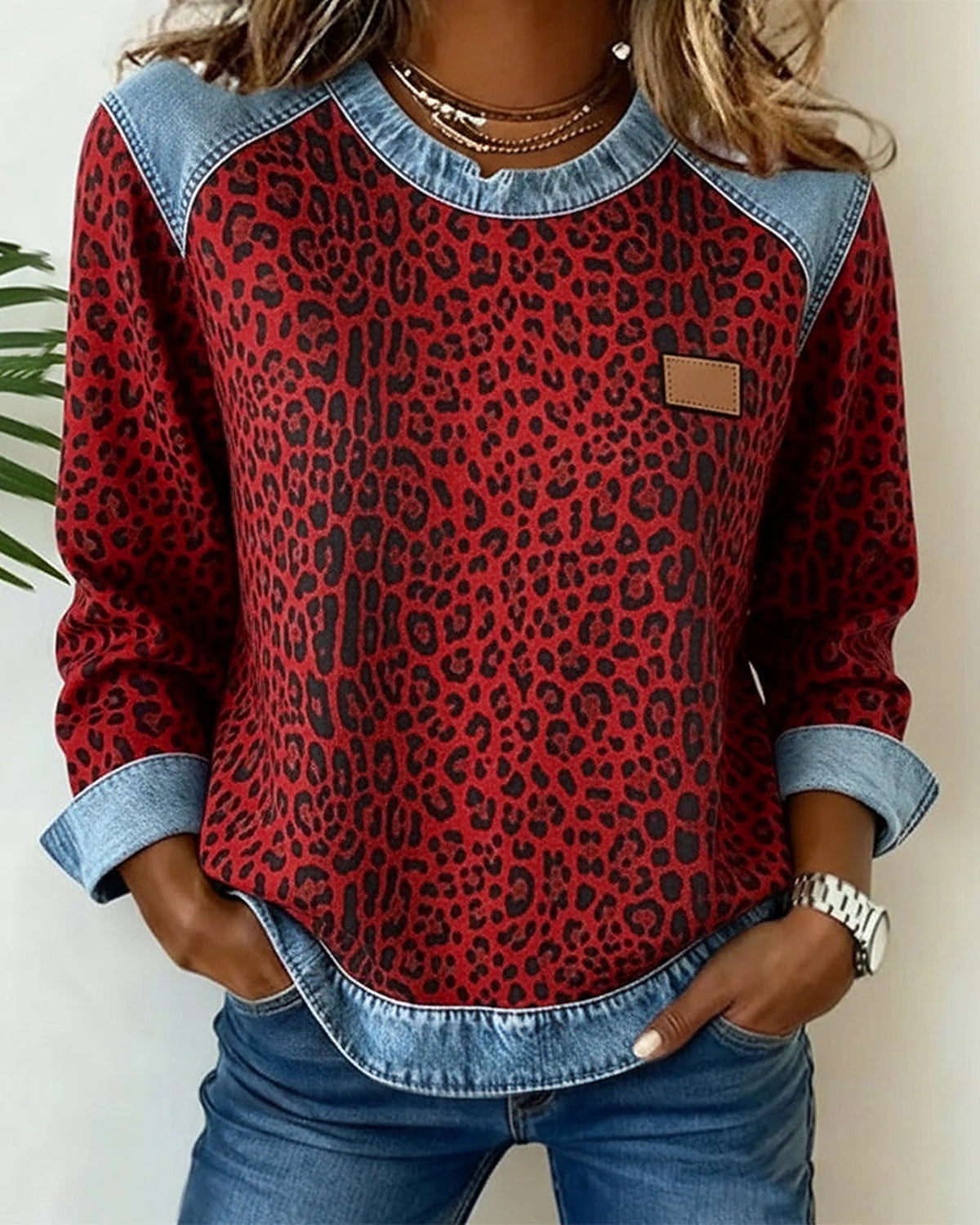Women's Leopard Print Sweatshirt with Denim Contrast Panels – Valerie