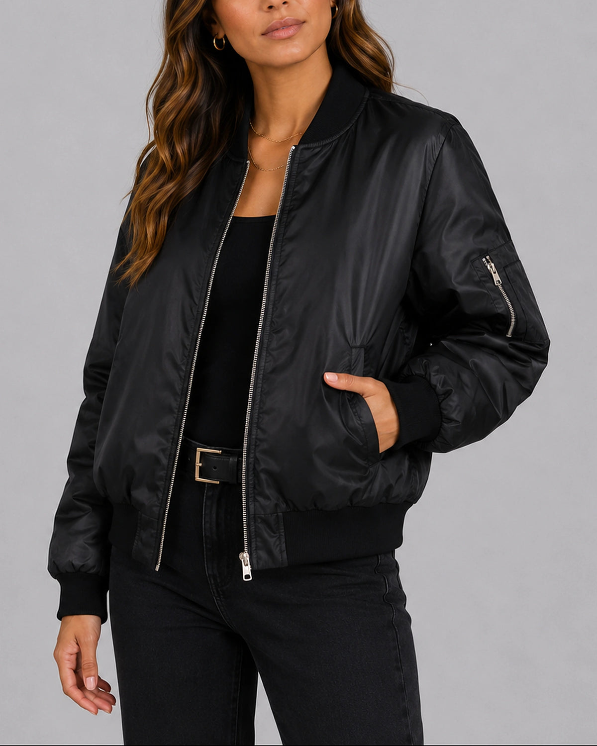 Women's Bomber Jacket with Zip Fastening and Sleeve Pocket, Lightweight – Lila