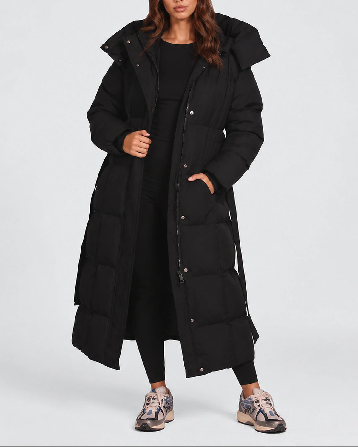 Women's Longline Hooded Belted Puffer Coat with Quilted Panels and Side Pockets – Darcy