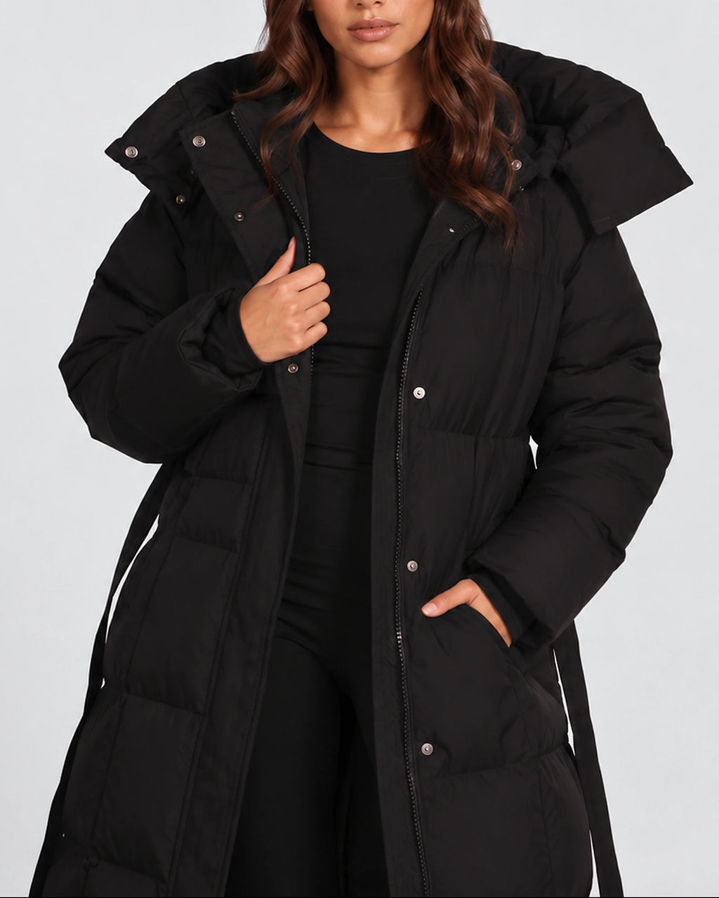 Women's Longline Hooded Belted Puffer Coat with Quilted Panels and Side Pockets – Darcy