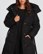 Women's Longline Hooded Belted Puffer Coat with Quilted Panels and Side Pockets – Darcy