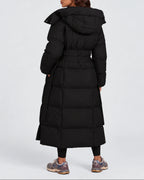 Women's Longline Hooded Belted Puffer Coat with Quilted Panels and Side Pockets – Darcy