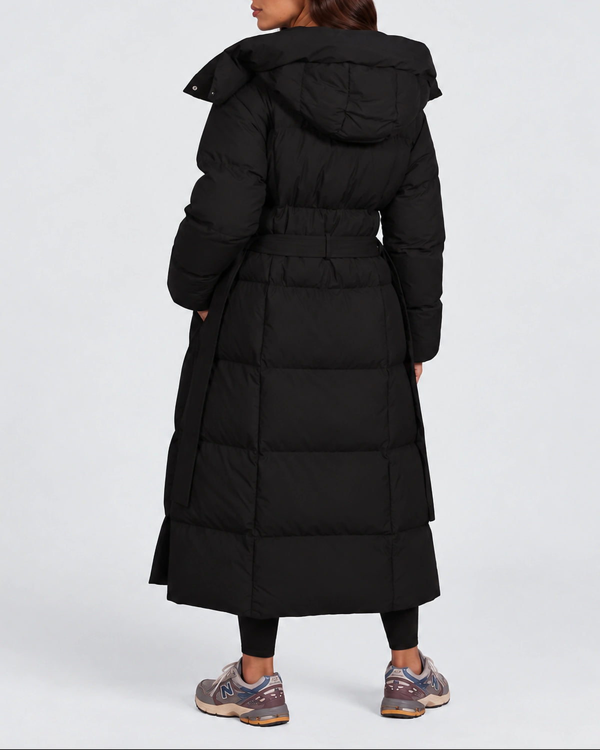 Women's Longline Hooded Belted Puffer Coat with Quilted Panels and Side Pockets – Darcy