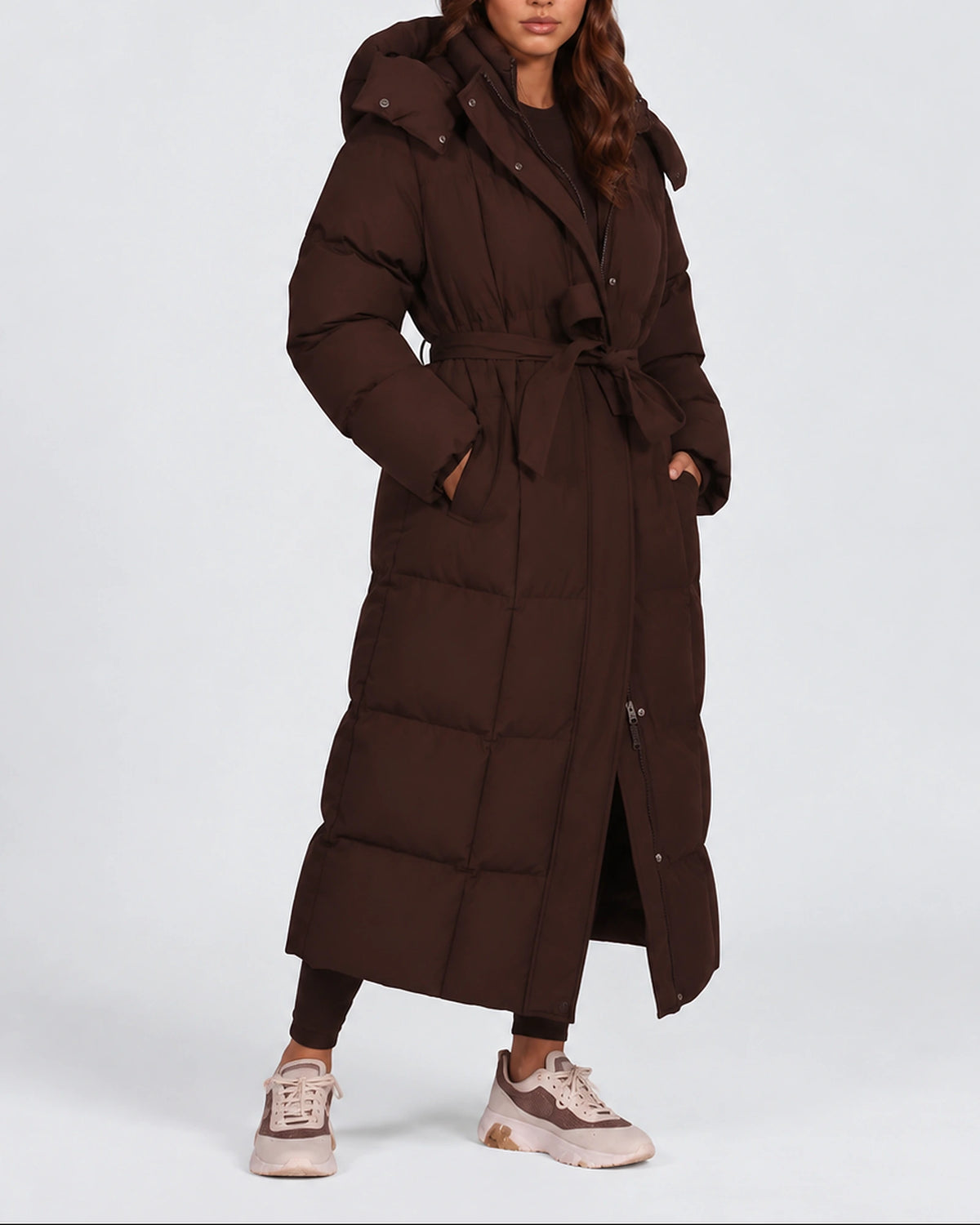 Women's Longline Hooded Belted Puffer Coat with Quilted Panels and Side Pockets – Darcy