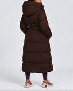 Women's Longline Hooded Belted Puffer Coat with Quilted Panels and Side Pockets – Darcy