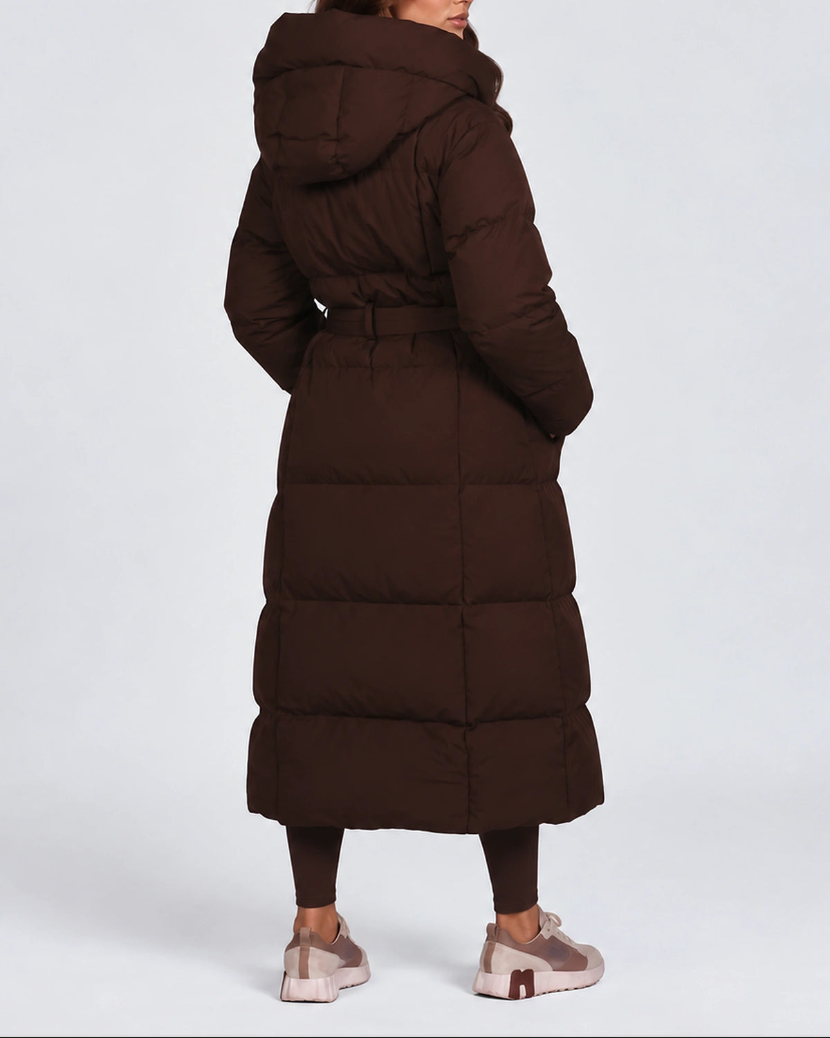 Women's Longline Hooded Belted Puffer Coat with Quilted Panels and Side Pockets – Darcy
