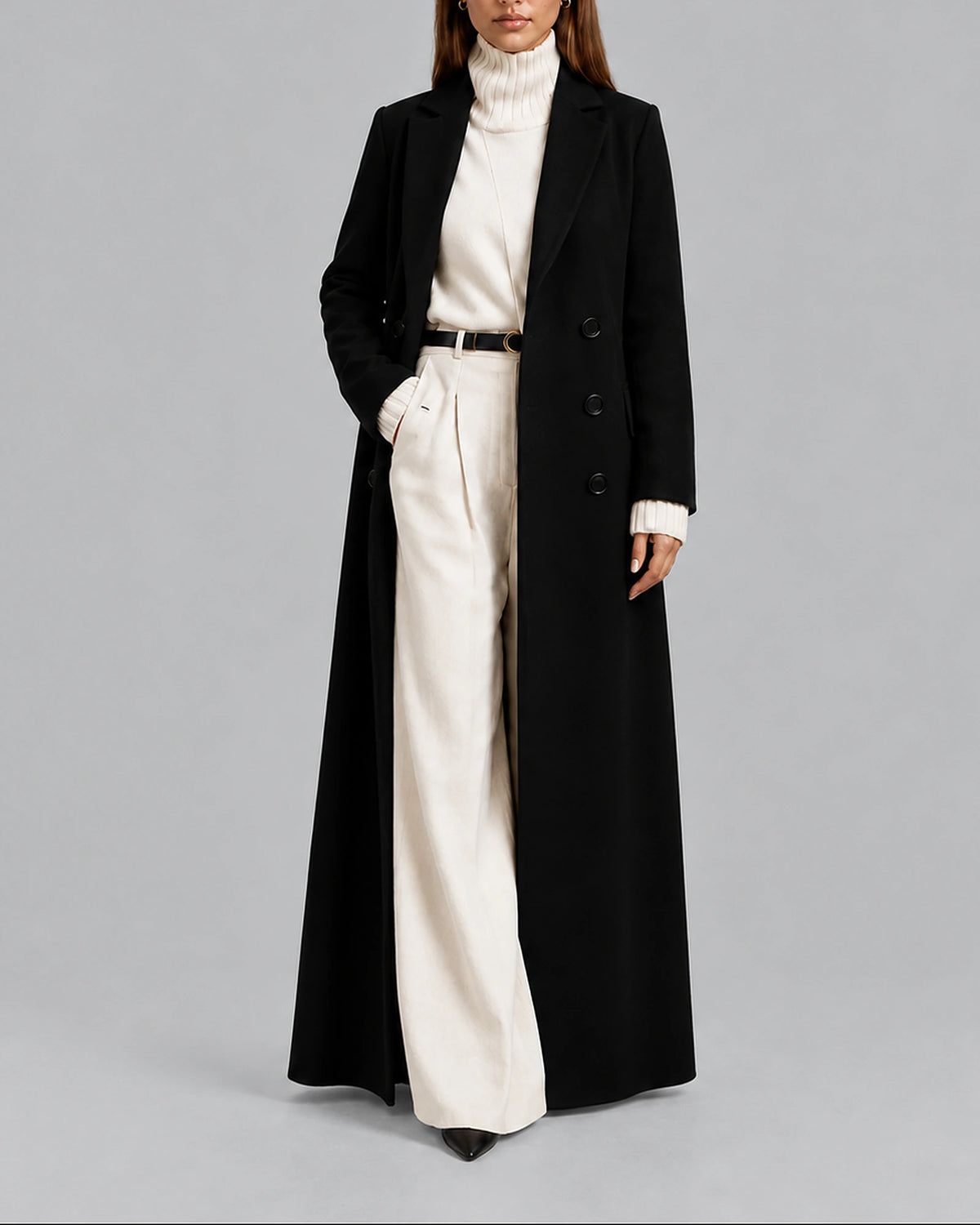 Women's Coat for Winter, Longline Double-Breasted Maxi Cut with Tailored Notch Lapel Collar – Maisie