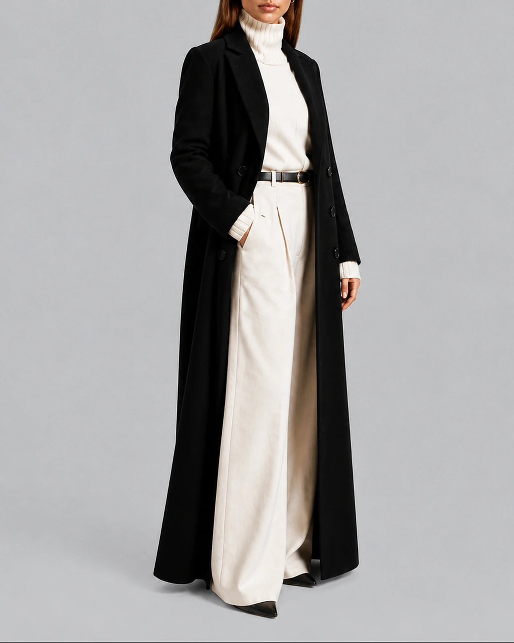 Women's Coat for Winter, Longline Double-Breasted Maxi Cut with Tailored Notch Lapel Collar – Maisie