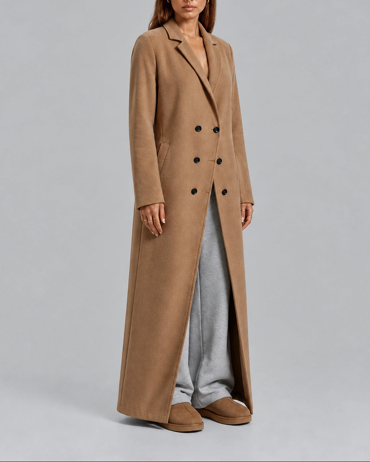 Women's Coat for Winter, Longline Double-Breasted Maxi Cut with Tailored Notch Lapel Collar – Maisie